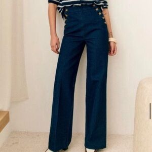 Sezane Marino Trouser FR 40 US 8 Wide Leg High Waist Sailor Dark Wash 99% Cotton